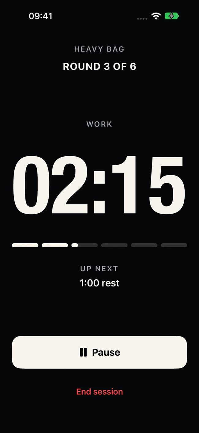 Steady Rounds workout timer showing round three of six, 2 minutes 15 seconds remaining, and pause and end controls.